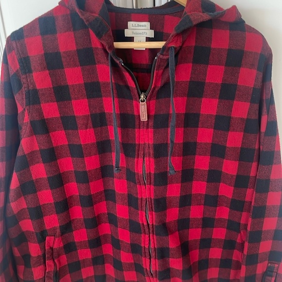 LL Bean red plaid lightweight Hoodie Zip Up Shirt Jacket Relaxed size 1X - Picture 2 of 10